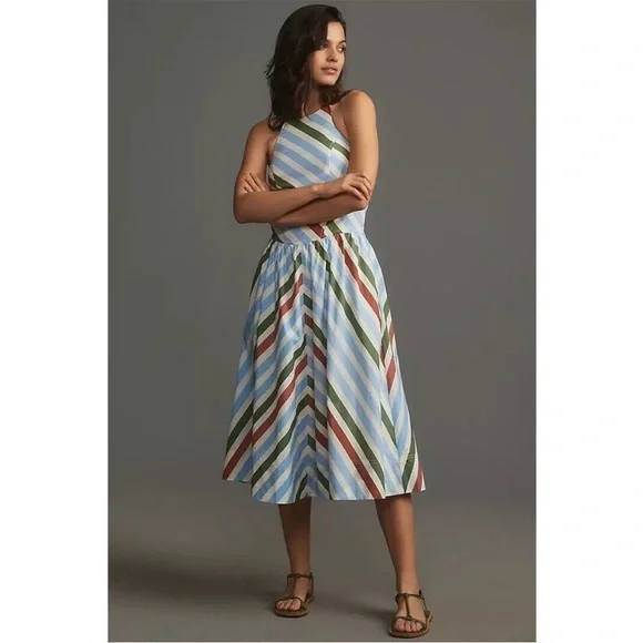 Anthropologie Maeve Halter Midi Sundress Blue White Red Green Sz M NEW - Picture 1 of 16